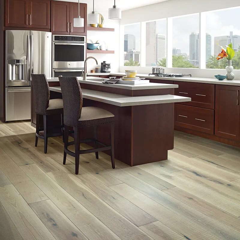 Discover-Hardwood Hardwood flooring in modern kitchen with dark cabinets | De/Mar Design Studio